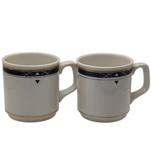 Vintage Homer Laughlin Coffee Mugs White Blue with Gold Trim Embossed Set of Two
